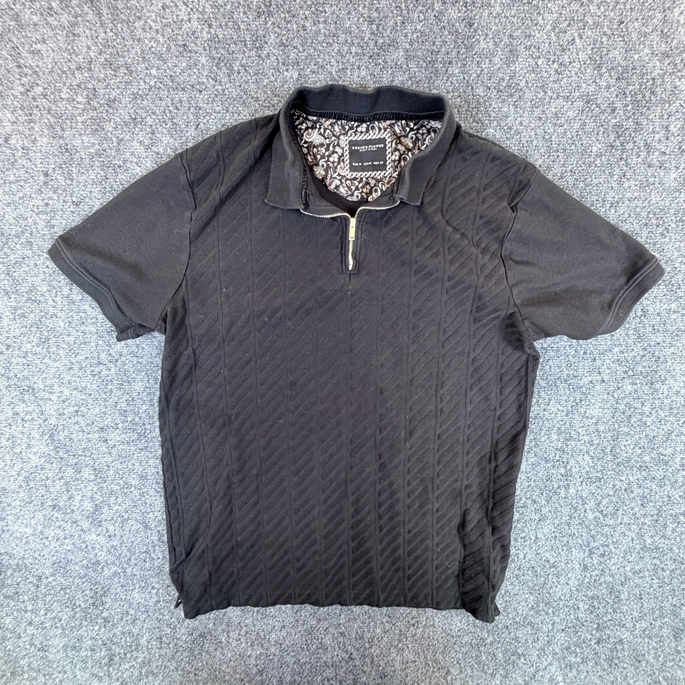 Denim & Flower Ricky Singh Polo Shirt Mens Medium Black Textured Quarter Zip